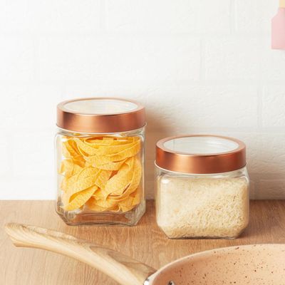 Conjunto Pote de Vidro Tampa Metal Rose Gold 800ml e 1,7L Gastro Lyor Porta Mantimentos