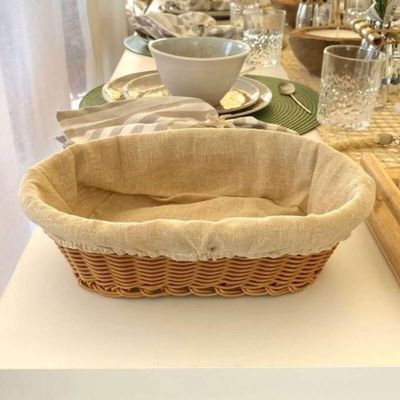 Kit 2 Cestas Porta Pão 27x20cm e 24x17cm Oval Rattan Plástico Forro Tecido Cesto Lyor