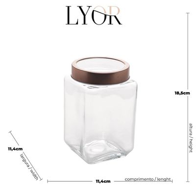Kit 4 Potes Porta Mantimentos de Vidro 1,7L Tampa Metal Rose Gold Lyor Gastro