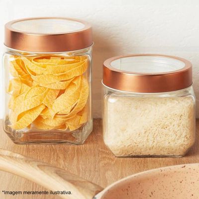 Kit 4 Potes Porta Mantimentos de Vidro 1,7L Tampa Metal Rose Gold Lyor Gastro