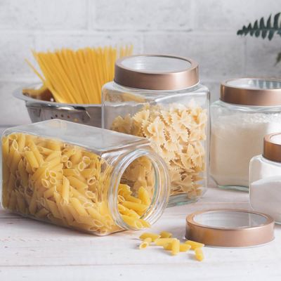 Kit 4 Potes Porta Mantimentos de Vidro 1,7L Tampa Metal Rose Gold Lyor Gastro