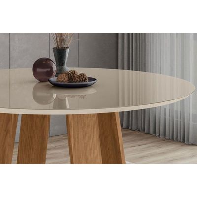 Mesa p/ Cozinha Lins SC130 c/ Tampo Madeirado c/ Vidro Redondo 140x140cm Nature/Off White - Henn