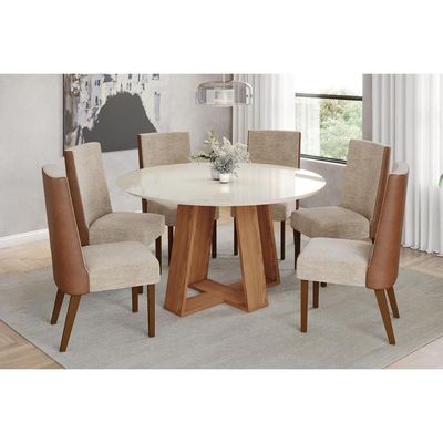 Mesa p/ Cozinha Lins SC130 c/ Tampo Madeirado c/ Vidro Redondo 140x140cm Nature/Off White - Henn