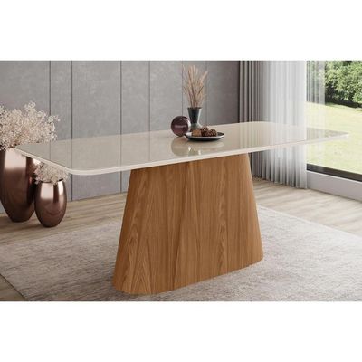 Mesa p/ Cozinha Olivia SC121 c/ Tampo Madeirado c/ Vidro Curvo 200x90cm Nature/Off White - Henn
