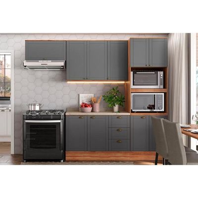 Cozinha Modulada Carraro Bella 4 Peças (2Armários+1Balcão+1Paneleiro) C4P57 Nogal/Cinza-Carraro
