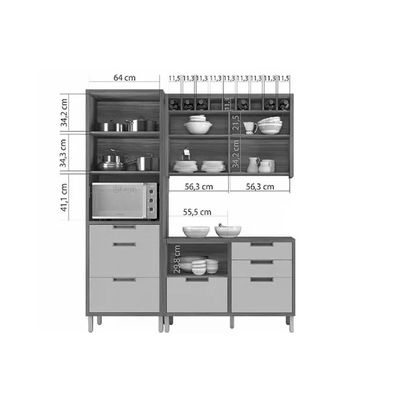 Cozinha Modulada Nesher Imperatriz 3 Peças (1Aéreo+1Balcão+1Paneleiro) C6P43 Freijo/Grafite-Nesher