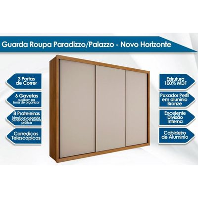 Guarda Roupa 3 Portas de Correr e 6 Gavetas Paradizzo/Palazzo Neve - Novo Horizonte