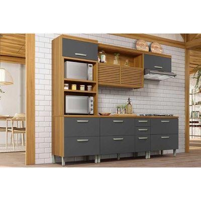 Cozinha Modulada Nesher Princesa 4 Peças (1Aéreo+2Balcões+1Paneleiro) C6P64 Freijo/Grafite-Nesher