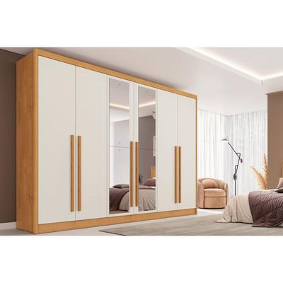 Guarda Roupa Casal 6 Portas (2 c/ Espelho) e 6 Gavetas Valencia Peroba/Off White - Europa
