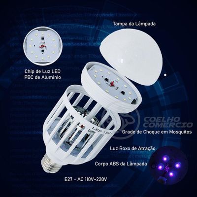 Lâmpada Luz Led Branco 15w Atrai Choque Mosquito