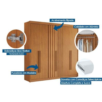 Guarda Roupa 6 Portas (2 Ripadas) e 6 Gavetas Portugal Cinamomo/Off White - Conquista