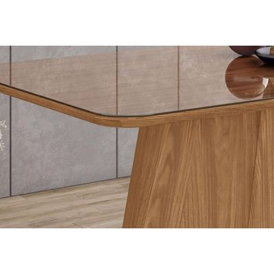 Mesa p/ Cozinha Olivia SC117 c/ Tampo Madeirado c/ Vidro Curvo 160x90cm Nature - Henn