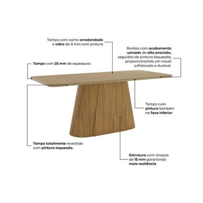Mesa p/ Cozinha Olivia SC117 c/ Tampo Madeirado c/ Vidro Curvo 160x90cm Nature - Henn