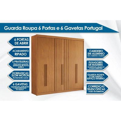 Guarda Roupa 6 Portas (2 Ripadas) e 6 Gavetas Portugal Cinamomo - Conquista