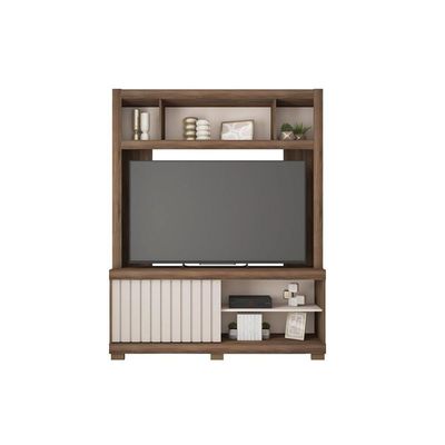 Rack Bancada c/ Painel p/ TV até 65 Pol Cinne Ripado Pés 160x203cm Lamina Mel/Cacao - Caemmun