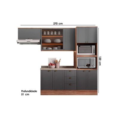 Cozinha Modulada Carraro Bella 4 Peças (2Aéreos+1Balcão+1TorreQuente) C4P197 Nogal/Cinza-Carraro