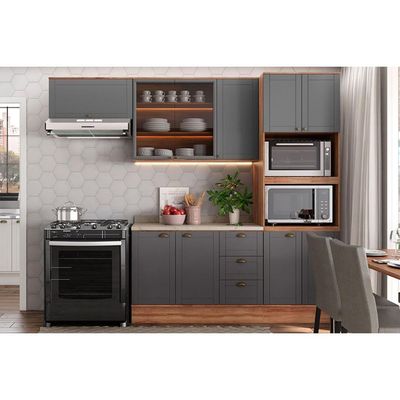 Cozinha Modulada Carraro Bella 4 Peças (2Aéreos+1Balcão+1TorreQuente) C4P197 Nogal/Cinza-Carraro