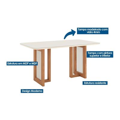 Mesa p/ Cozinha Yara SC79 c/ Tampo Madeirado c/ Vidro Curvo 160x90cm Nature - Henn