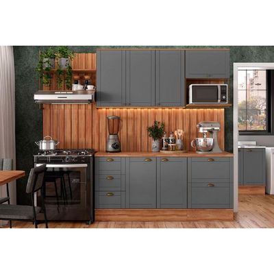 Cozinha Modulada Carraro Bella 9 Peças (2Aéreos+2Balcões+5Complementos) C9P60 Nogal/Cinza-Carraro