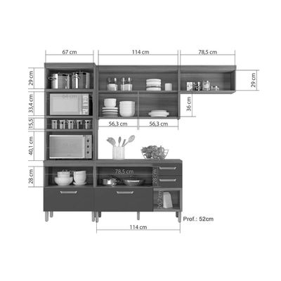 Cozinha Modulada Nesher Princesa 3 Peças (1Aéreo+1Balcão+1Paneleiro) C6P62 Freijo/Grafite-Nesher