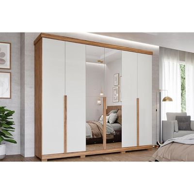 Guarda Roupa 6 Portas (2 c/ Espelho) e 6 Gavetas c/ Pés Guarapari Cinamomo/Off White - Panan