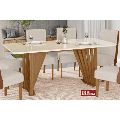 Mesa p/ Cozinha Adriana SC46 c/ Tampo Madeirado c/ Vidro Curvo 200x80cm Nature - Henn