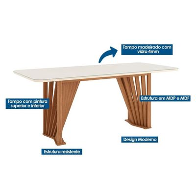 Mesa p/ Cozinha Adriana SC46 c/ Tampo Madeirado c/ Vidro Curvo 200x80cm Nature - Henn