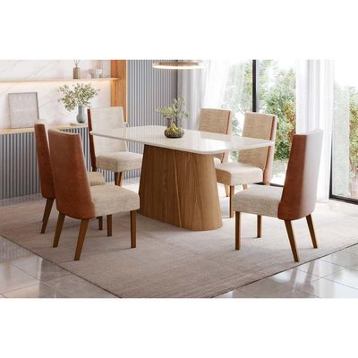 Mesa p/ Cozinha Olivia SC120 c/ Tampo Madeirado c/ Vidro Curvo 180x90cm Nature/Off White - Henn