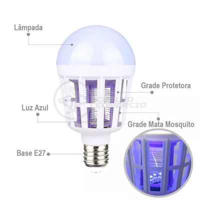 Lâmpada Luz Led Branco 15w Atrai Choque Mosquito