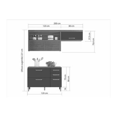 Cozinha Modulada Nesher Princesa 2 Peças (1Aéreo+1Balcão) C2P45 Freijo/Grafite-Nesher