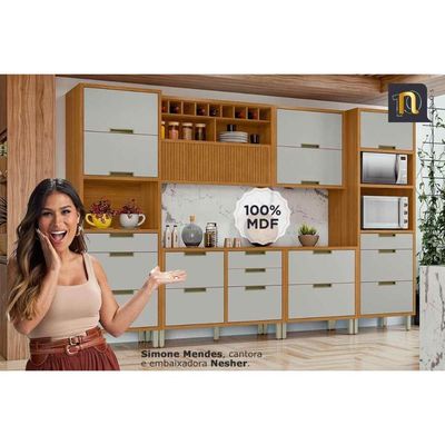 Cozinha Completa Imperatriz 6 Peças (3Aéreos+2Balcões+1Paneleiro) C6P85 Freijo/Off White - Nesher