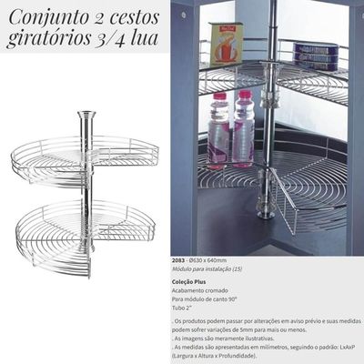 Cesto Giratório Redondo Fruteira 60cm para Armário Dupla Masutti Módulo de Canto Cromada para Armári