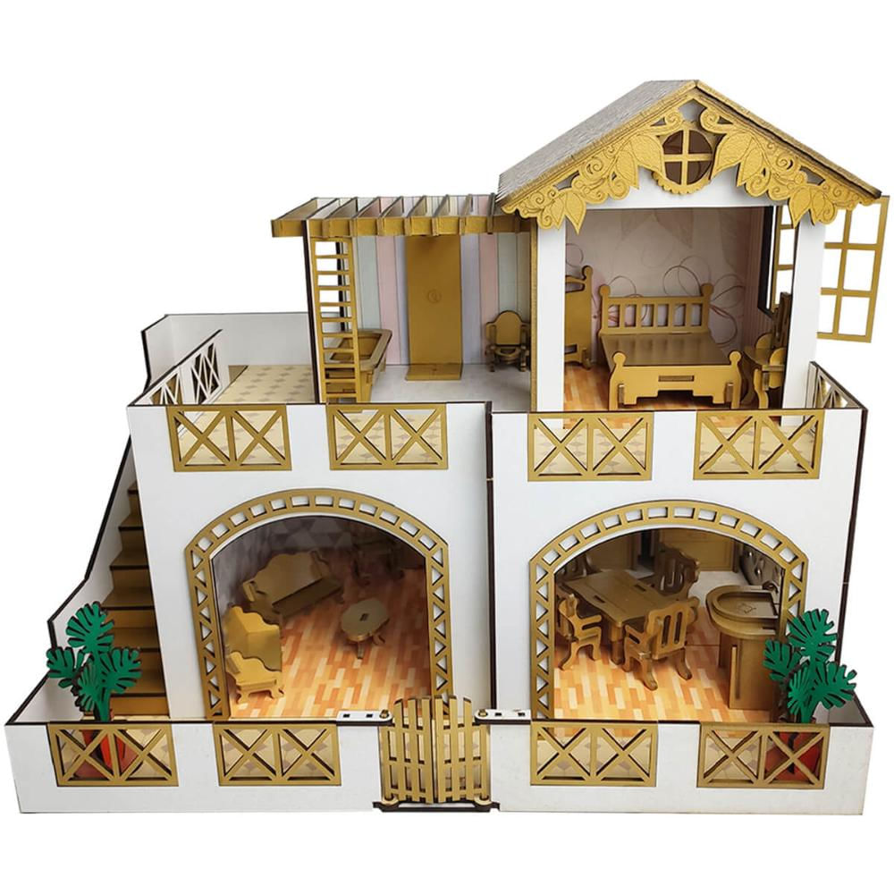 Casinha de Bonecas Infantil em Madeira MDF Casa de Brinquedo 2 Andares com 22 Móveis Sulartes Dourad