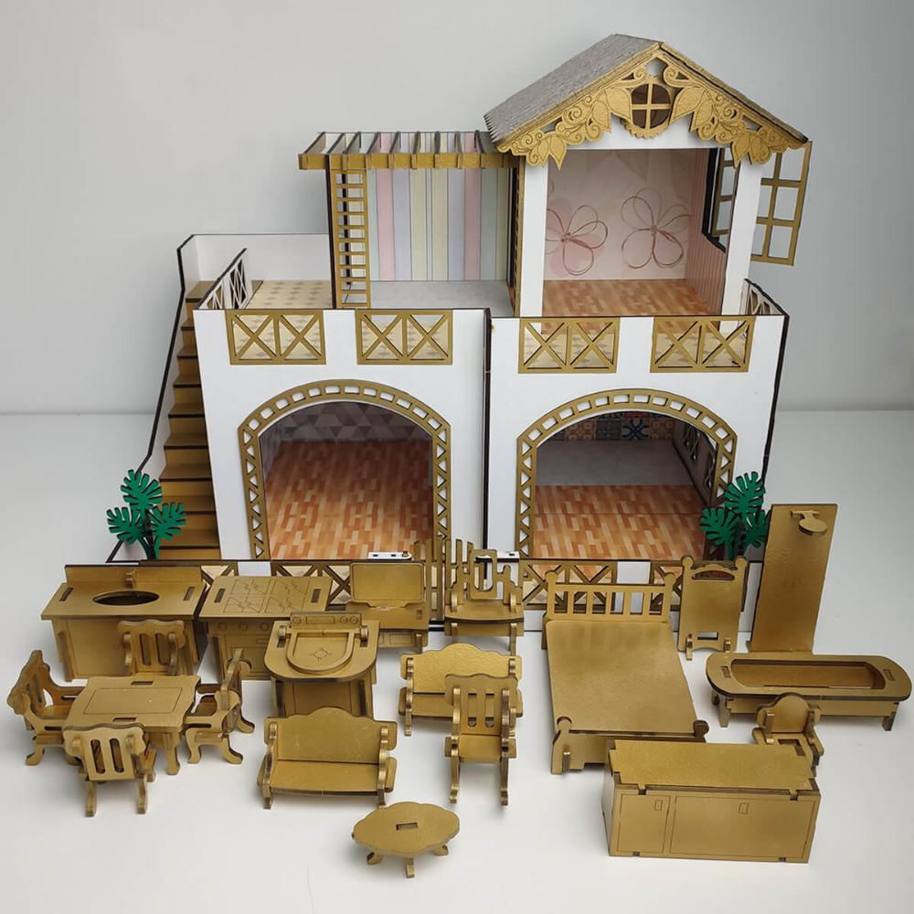 Casinha de Bonecas Infantil em Madeira MDF Casa de Brinquedo 2 Andares com 22 Móveis Sulartes Dourad