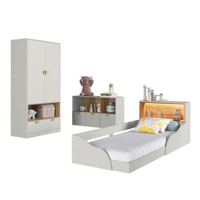 Quarto Infantil com Cama de Solteiro Montessoriana Cômoda e Guarda Roupas Lille CJ078