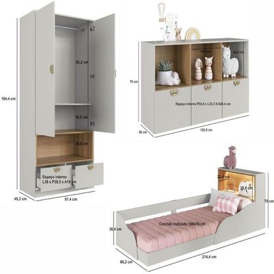 Quarto Infantil com Cama de Solteiro Montessoriana Cômoda e Guarda Roupas Lille CJ078