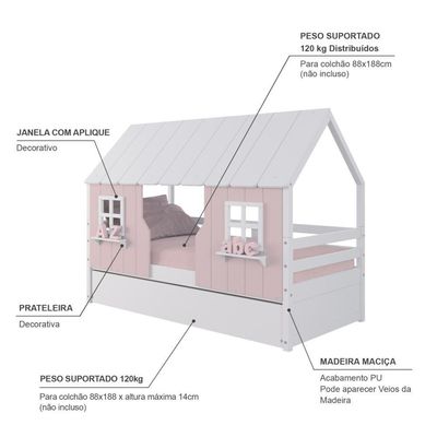 Bicama Casinha Encantada Madeira Maciça Rosa/ Branco Housin