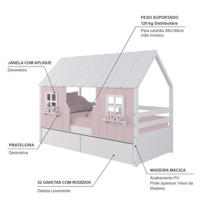 Cama Casinha Encantada Com 02 Gavetas Madeira Maciça Rosa/ Branco Housin