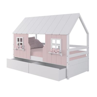 Cama Casinha Encantada Com 02 Gavetas Madeira Maciça Rosa/ Branco Housin
