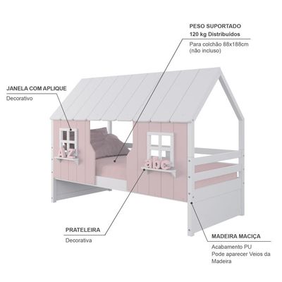 Cama Casinha Encantada Madeira Maciça Rosa/ Branco Housin