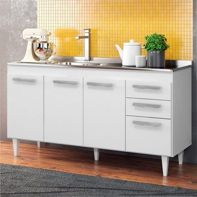 Balcão Gabinete Com Pia Inox 150cm Lisboa - Lumil Móveis Branco