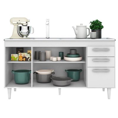 Balcão Gabinete Com Pia Inox 150cm Lisboa - Lumil Móveis Branco