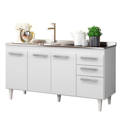 Balcão Gabinete Com Pia Inox 150cm Lisboa - Lumil Móveis Branco