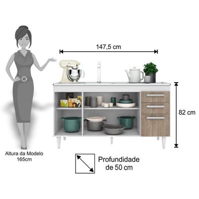Balcão Gabinete Com Pia Inox 150cm Lisboa - Lumil Móveis Branco