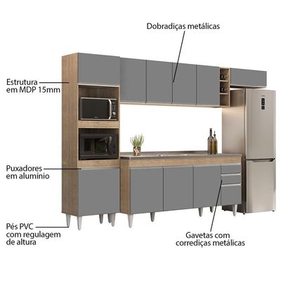 Armário De Cozinha Modulada 5 Peças Cp18 Balcão Com Pia Inox Castanho/cinza - Lumil
