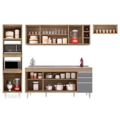 Armário De Cozinha Modulada 5 Peças Cp18 Balcão Com Pia Inox Castanho/cinza - Lumil