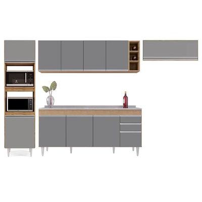 Armário De Cozinha Modulada 5 Peças Cp18 Balcão Com Pia Inox Castanho/cinza - Lumil