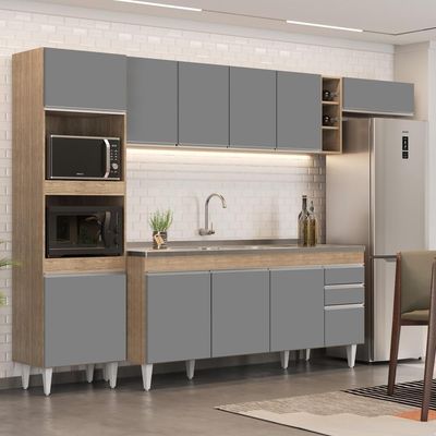 Armário De Cozinha Modulada 5 Peças Cp18 Balcão Com Pia Inox Castanho/cinza - Lumil