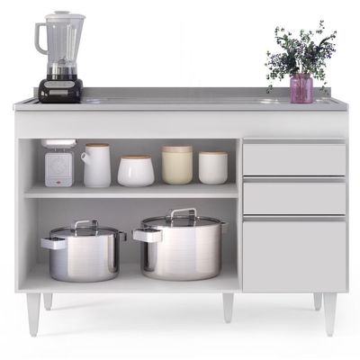 Balcão Gabinete Com Pia Inox 120cm Michigan Branco - Lumil