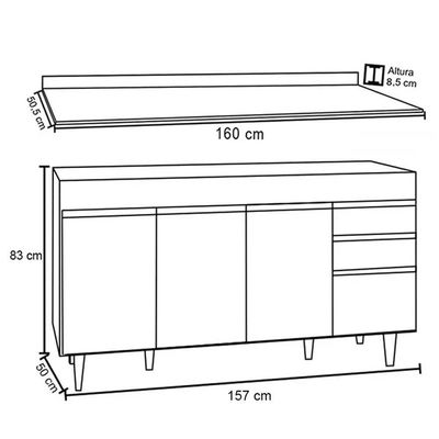 Balcão Gabinete Para Pia Com Tampo 160cm Arkansas Preto - Lumil